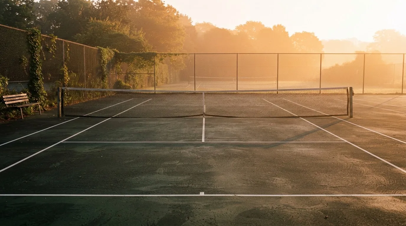 Ein Tennisplatz bei Sonnenaufgang, Netz und Grundlinien im weichen Licht, niemand ist zu sehen.