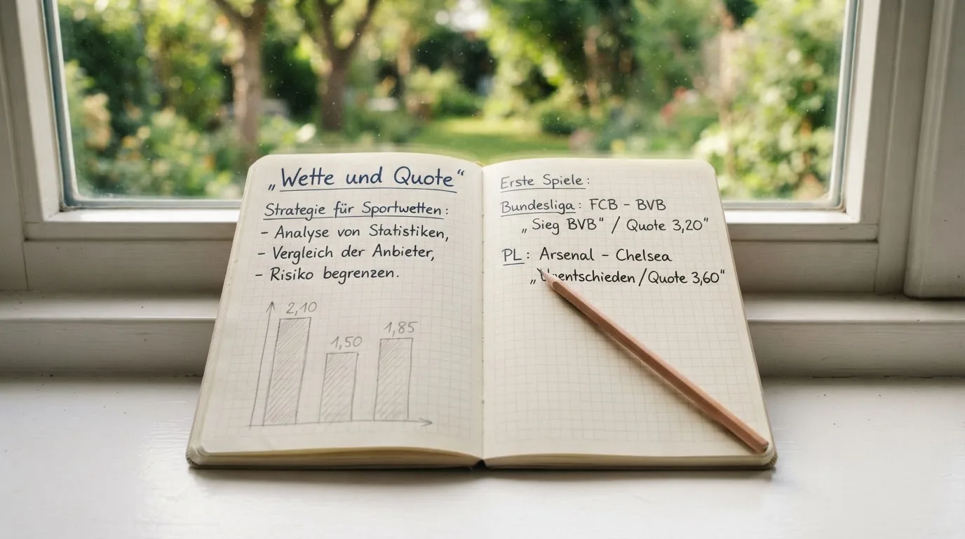 Ein aufgeschlagenes Notizbuch mit handschriftlichen Skizzen und ein Bleistift liegen auf einer Fensterbank im Tageslicht.