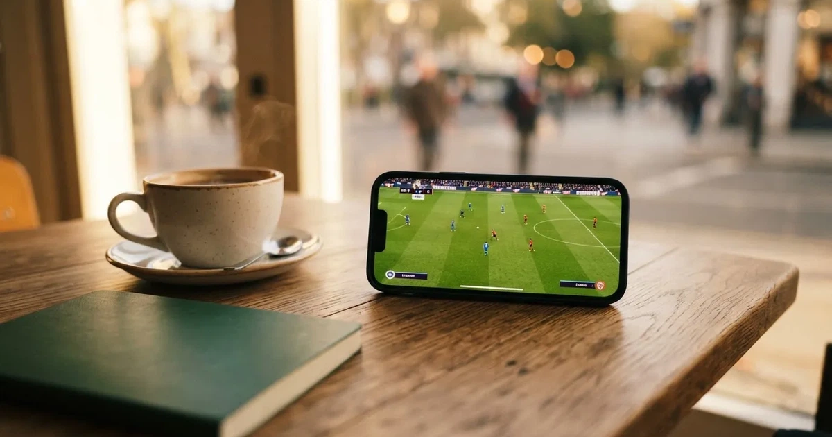 Ein Smartphone mit dunklem Display liegt auf einem Holztisch neben einer Tasse Kaffee, im Hintergrund ein unscharfes Fenster.