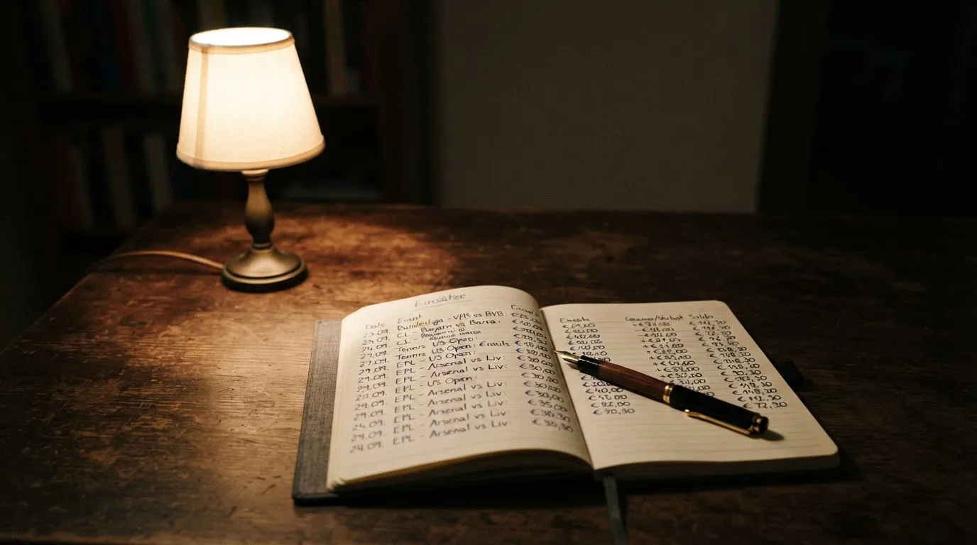 Ein Taschenrechner und ein Notizbuch mit handschriftlichen Zahlenreihen liegen auf einem Schreibtisch unter einer Lampe.