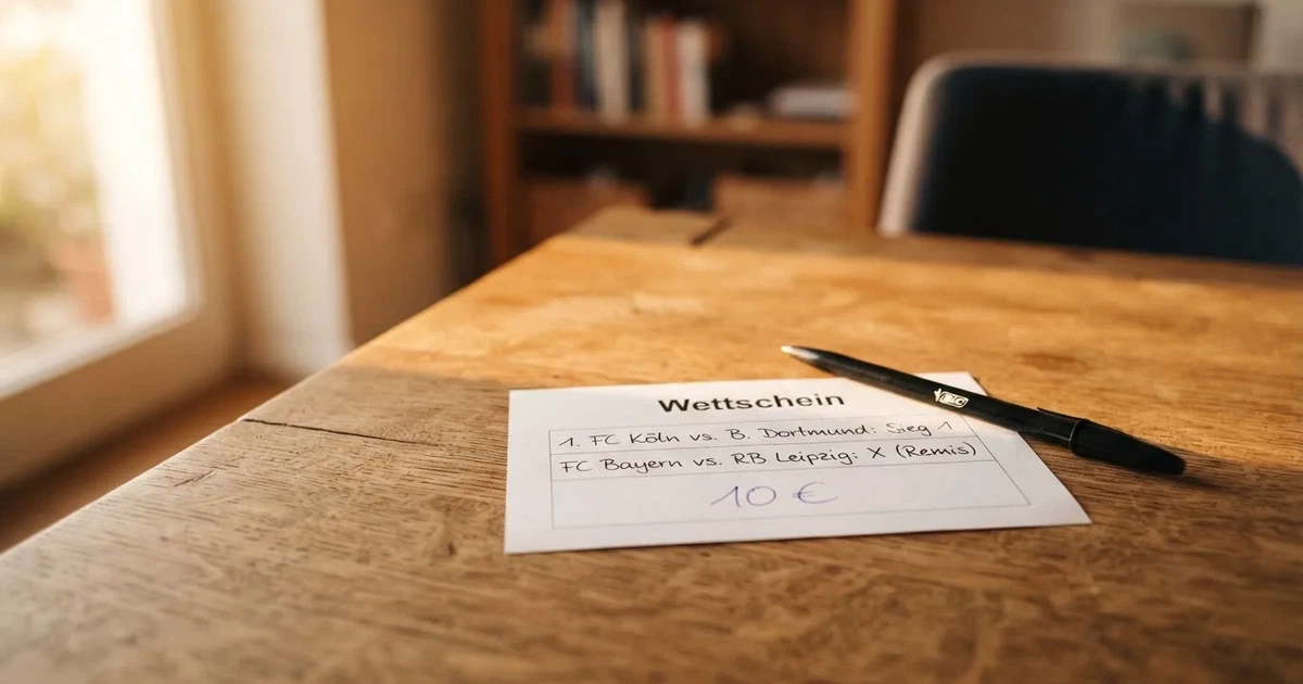 Ein leerer Papier-Wettschein und ein Kugelschreiber liegen auf einem Holztisch, daneben ein kleiner Stapel Münzen im Morgenlicht.