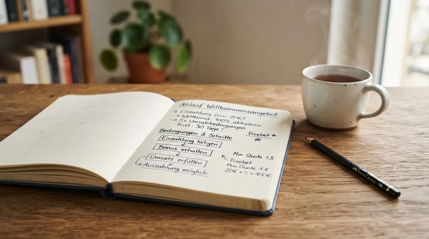 Ein aufgeschlagenes Notizbuch mit handschriftlichen Skizzen und ein Bleistift liegen auf einem Schreibtisch neben einer Tasse Tee.