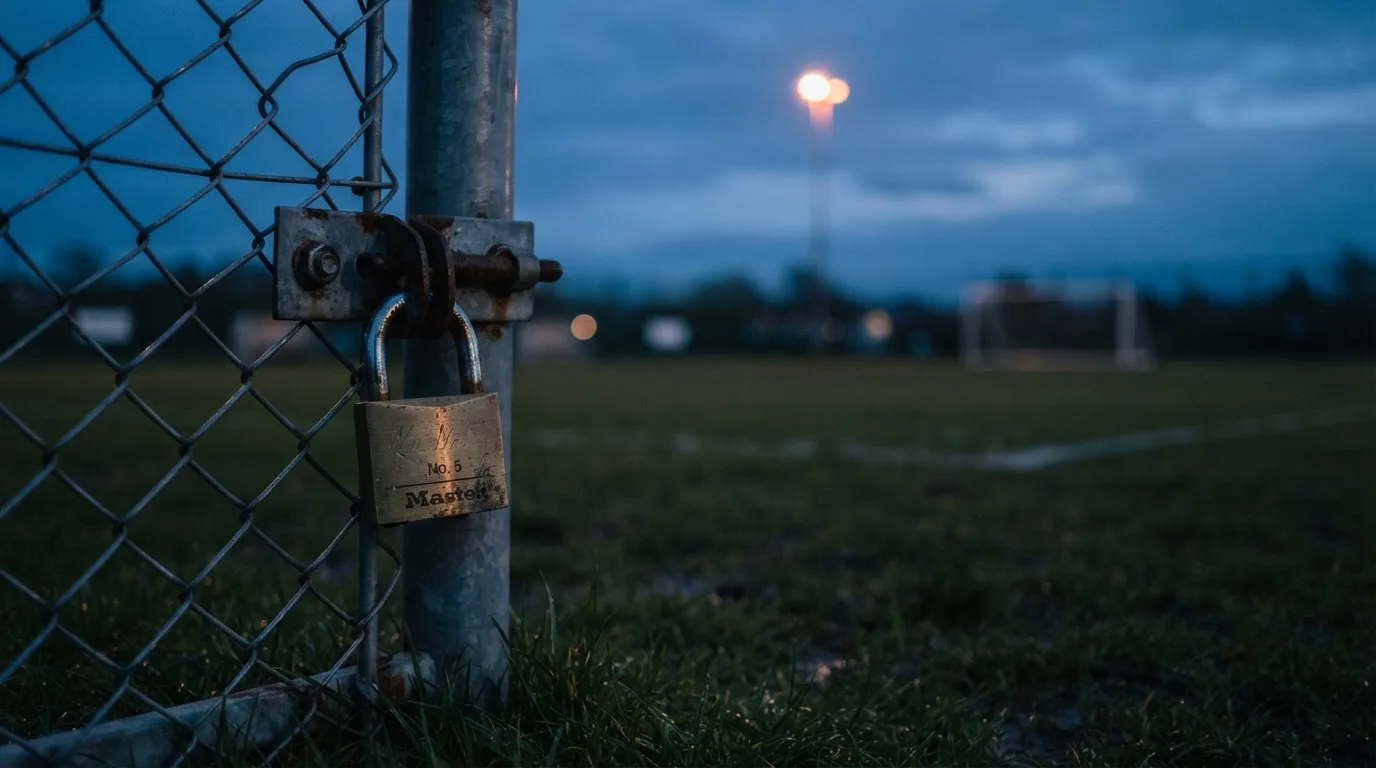 Ein Vorhängeschloss hängt an einem Metalltor in der Dämmerung, im Hintergrund unscharf ein Fußballplatz.