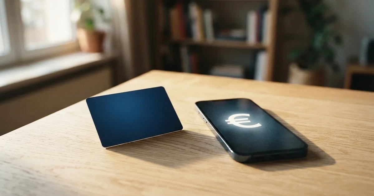 Eine Plastikkarte ohne Aufdruck liegt neben Münzen und einem Smartphone mit dunklem Display auf einem hellen Tisch.