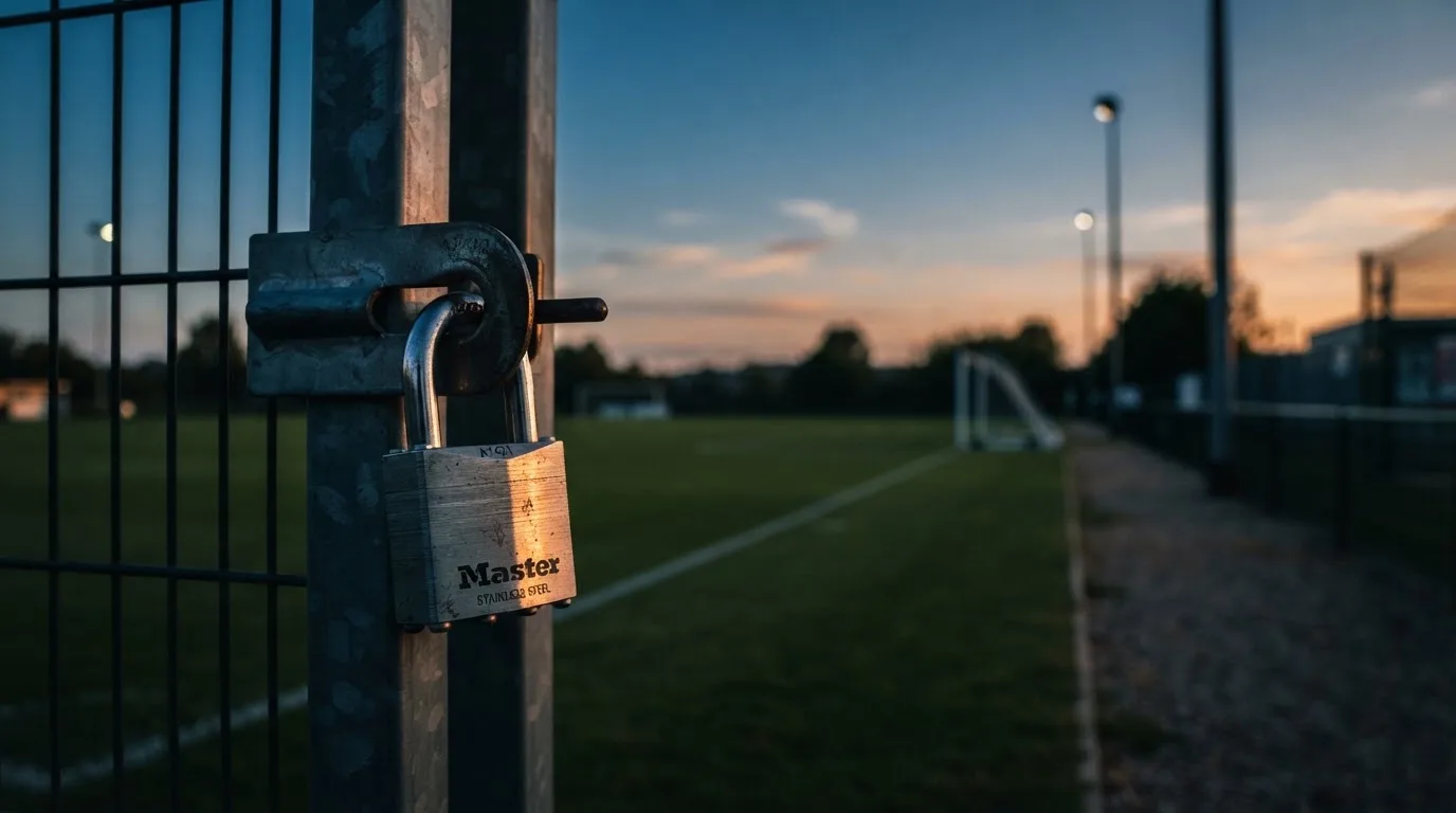 Ein Vorhängeschloss hängt an einem Metalltor in der Dämmerung, im Hintergrund unscharf ein leerer Fußballplatz.