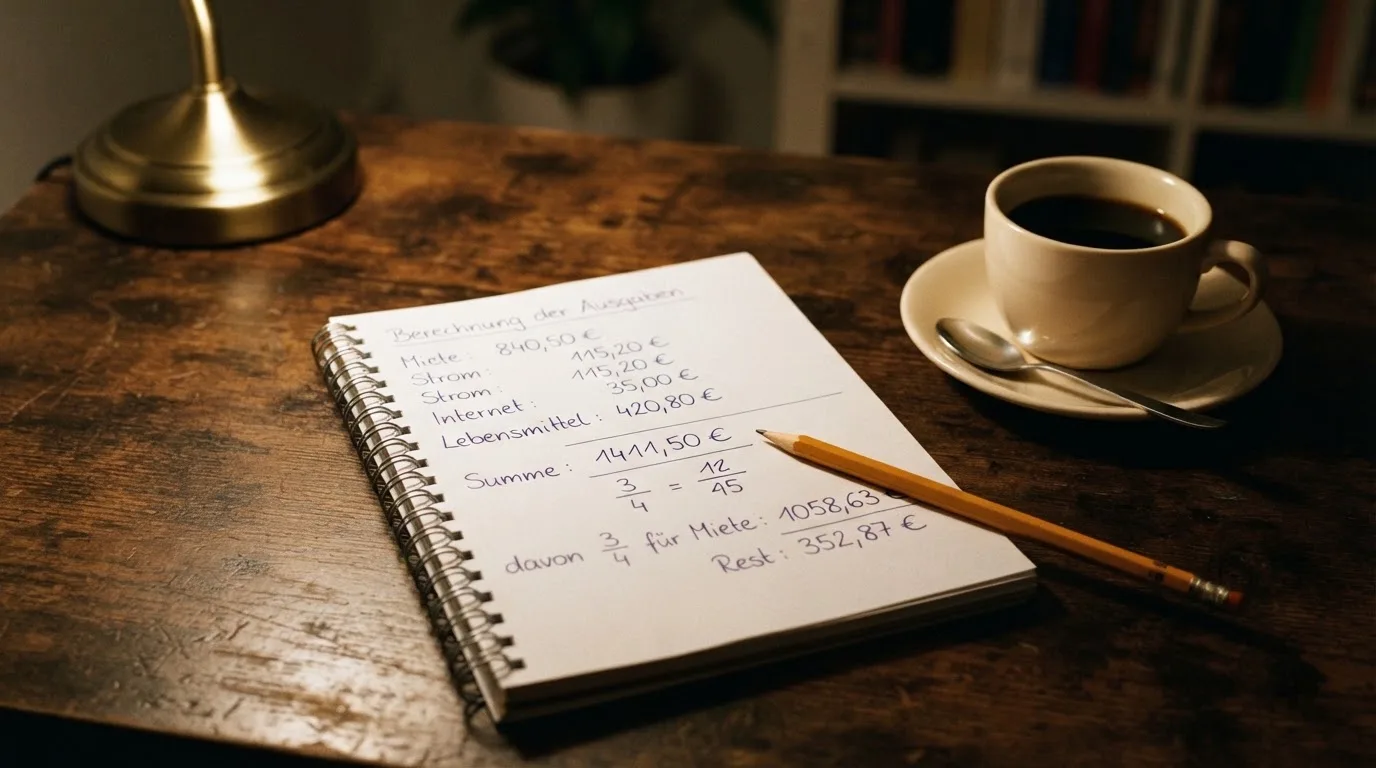 Ein Taschenrechner und ein Bleistift liegen auf einem Schreibtisch neben einer Tasse Kaffee im Licht einer Lampe.