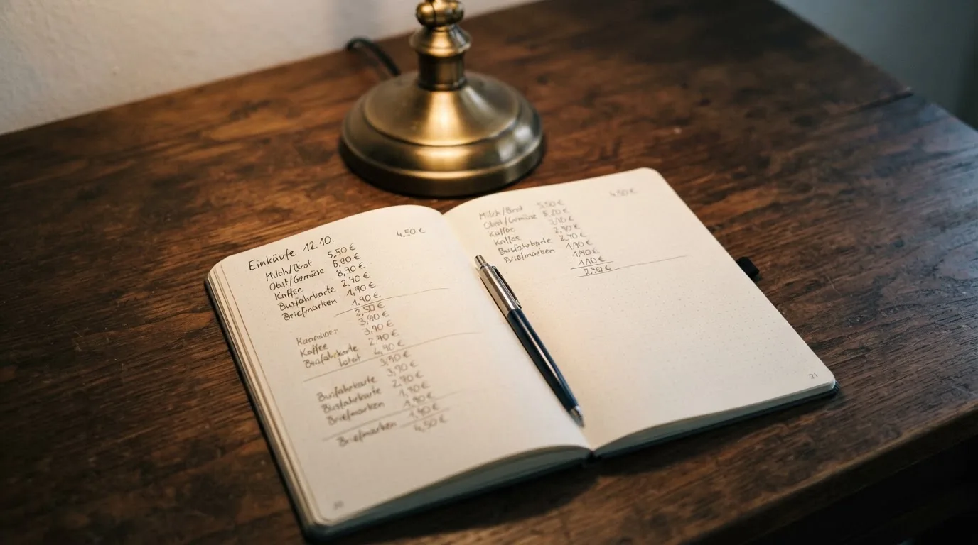 Ein Taschenrechner und ein aufgeschlagenes Notizbuch mit handschriftlichen Zahlenreihen liegen unter einer Schreibtischlampe.