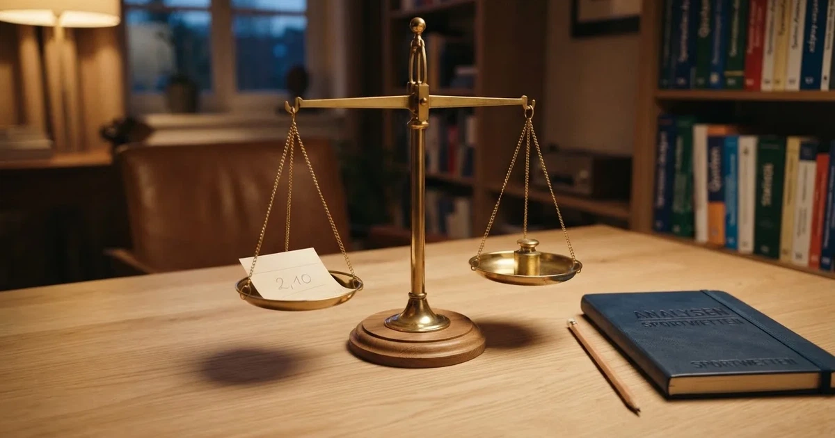 Eine Balkenwaage aus Messing steht im Gleichgewicht auf einem hellen Tisch, links und rechts liegt je eine Münze.