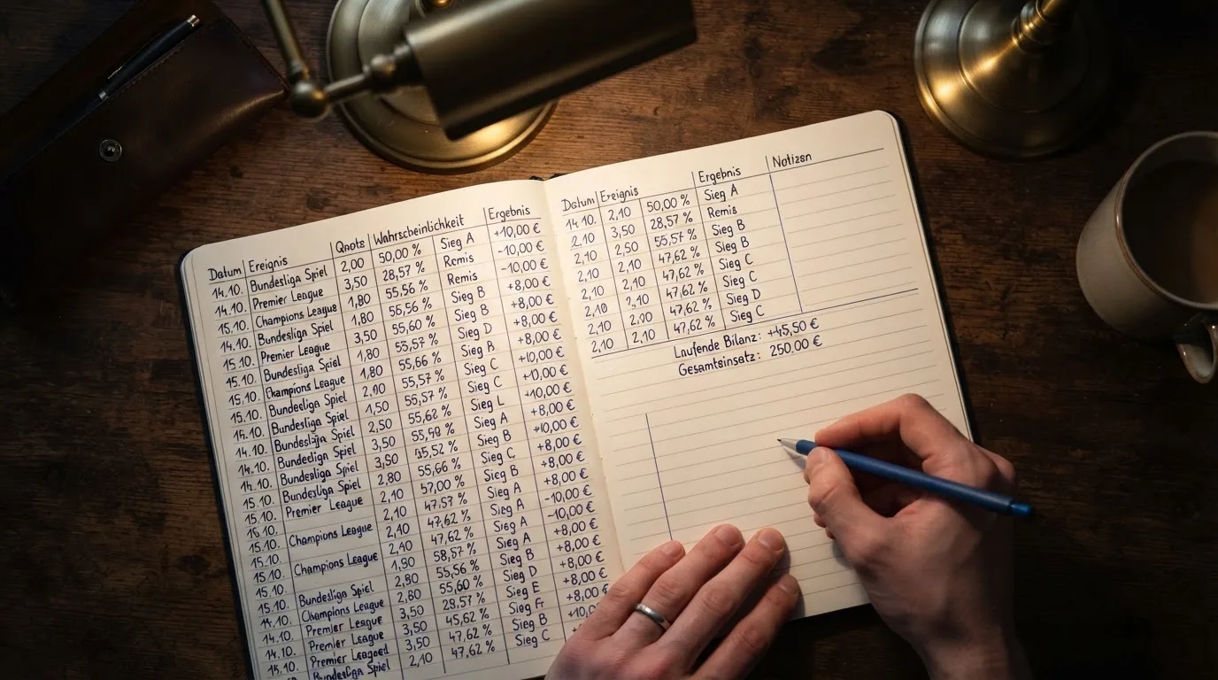 Ein Taschenrechner und ein aufgeschlagenes Notizbuch mit handschriftlichen Zahlenreihen liegen unter einer Schreibtischlampe.