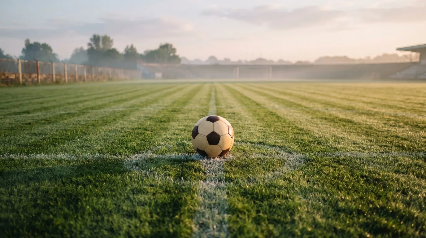 Ein Fußball liegt allein auf dem Anstoßpunkt eines leeren Rasenplatzes im Morgenlicht, am Rand ein niedriger Zaun.