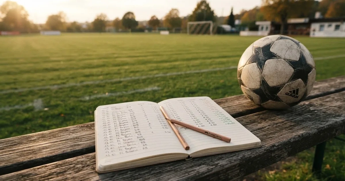 Ein Notizbuch mit handschriftlichen Zahlenkolonnen und ein Bleistift liegen neben einem Fußball auf einer Holzbank.