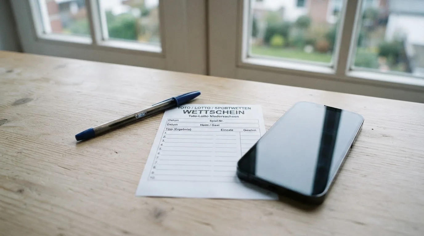 Ein leerer Papier-Wettschein und ein Kugelschreiber liegen neben einem Smartphone mit dunklem Display auf einem Tisch am Fenster.