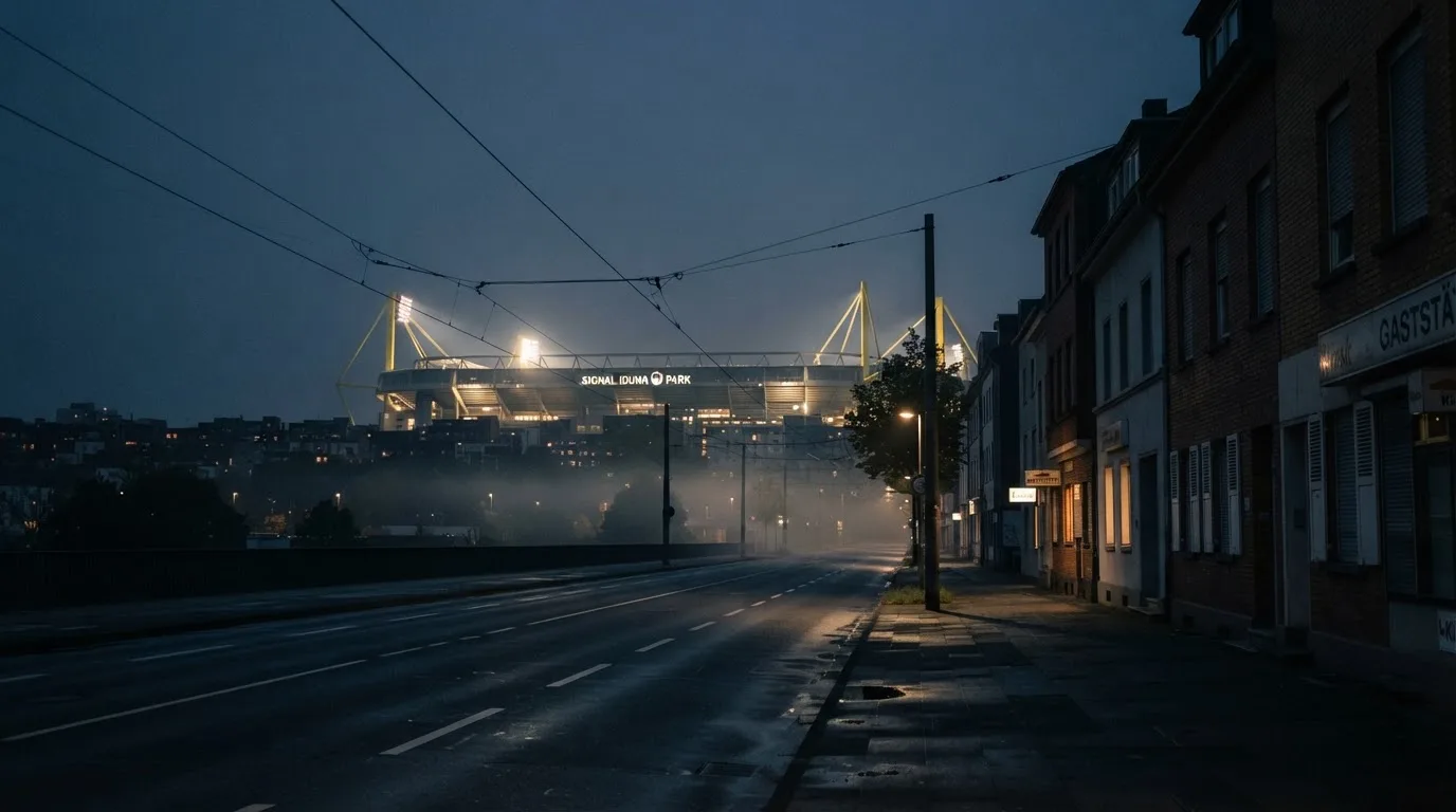Ein Stadion unter Flutlicht aus der Ferne gesehen, davor eine leere Straße in der Abenddämmerung mit leichtem Dunst.