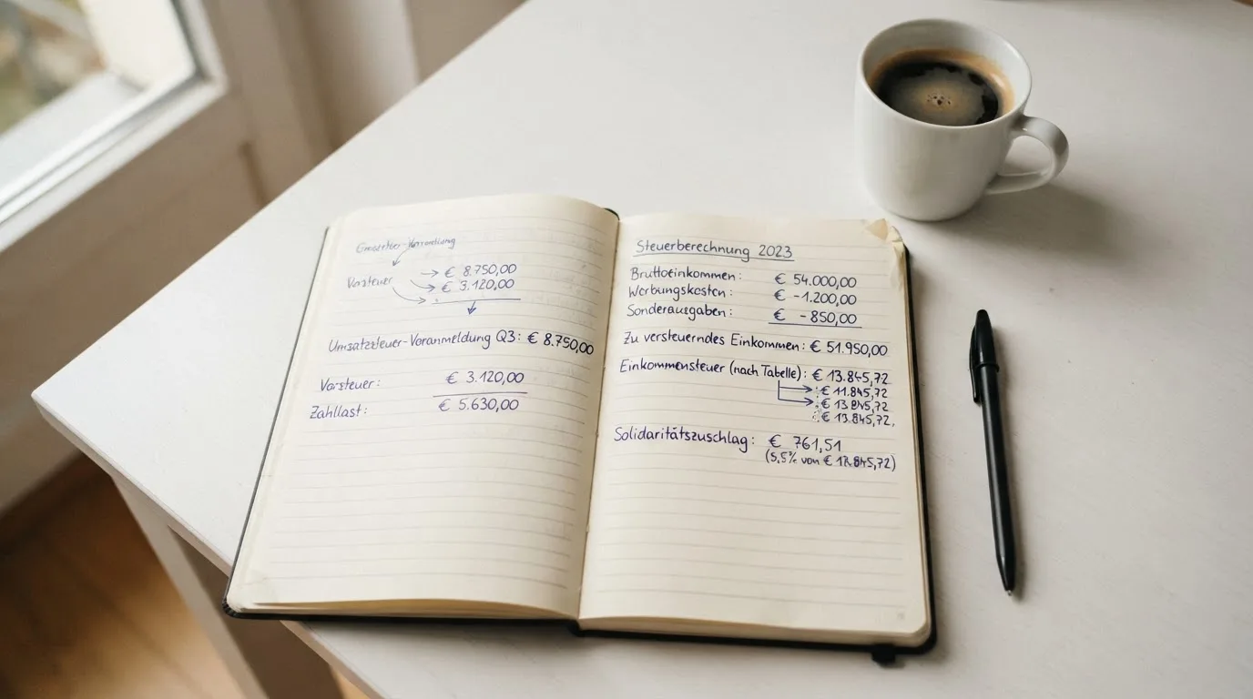 Ein Notizbuch mit handschriftlichen Rechnungen und ein Taschenrechner liegen auf einem hellen Schreibtisch neben einer Kaffeetasse.