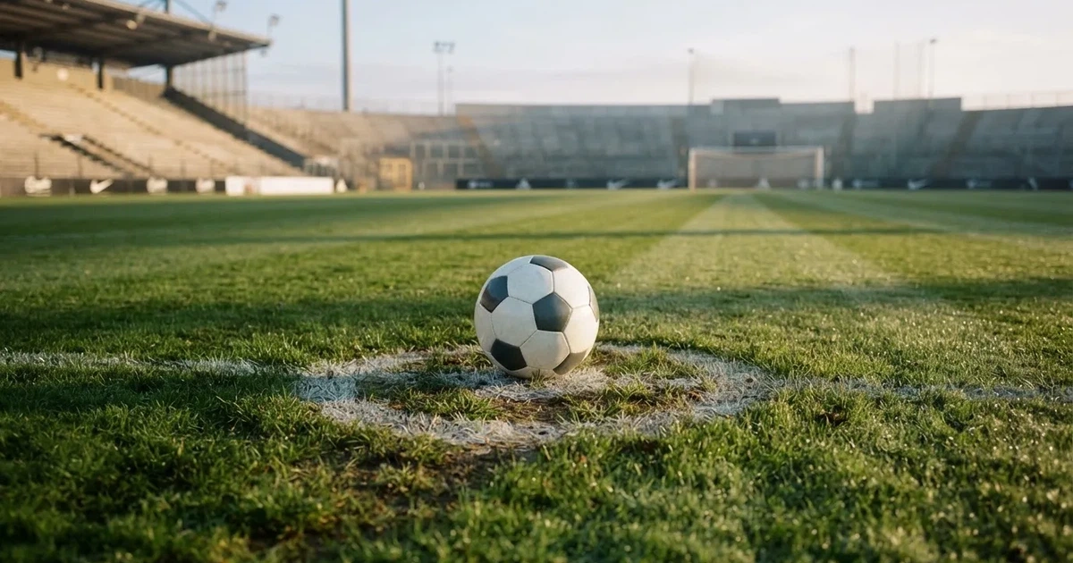Ein Fußball liegt auf dem Anstoßpunkt eines Rasenplatzes, dahinter leere Tribünen im Licht des frühen Morgens.