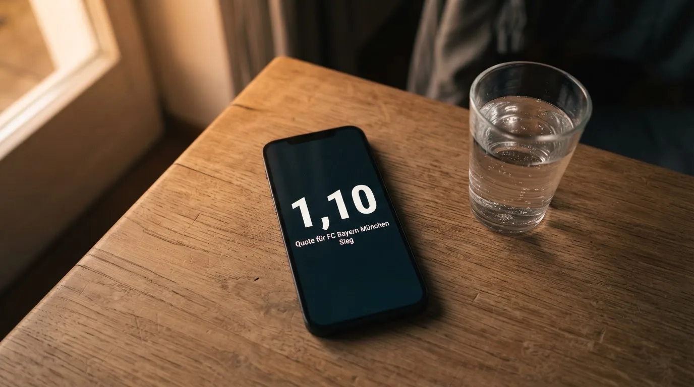 Ein Smartphone liegt mit dem Display nach unten auf einem Holztisch neben einem Glas Wasser, Abendlicht fällt durch ein Fenster.