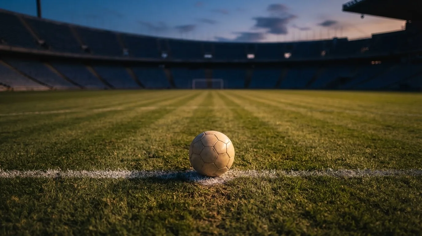 Ein Fußball liegt auf dem Anstoßpunkt eines leeren Rasenplatzes, dahinter ragen dunkle Ränge in den Abendhimmel.