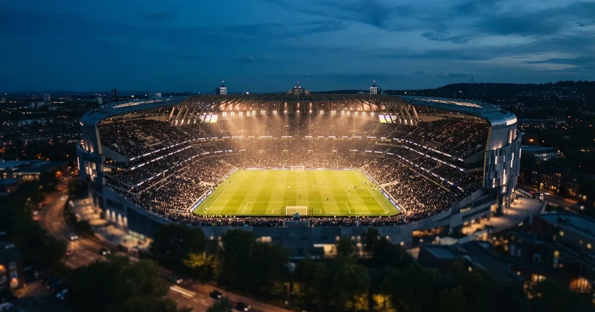 Ein Fußballstadion am Abend unter Flutlicht aus der Ferne gesehen, die Tribünen sind leicht beleuchtet und der Himmel dunkelblau.