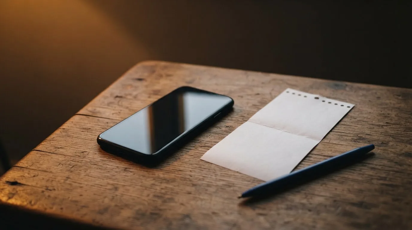 Ein Smartphone mit dunklem Display liegt neben einem leeren Papier-Wettschein und einem Stift auf einem Holztisch.