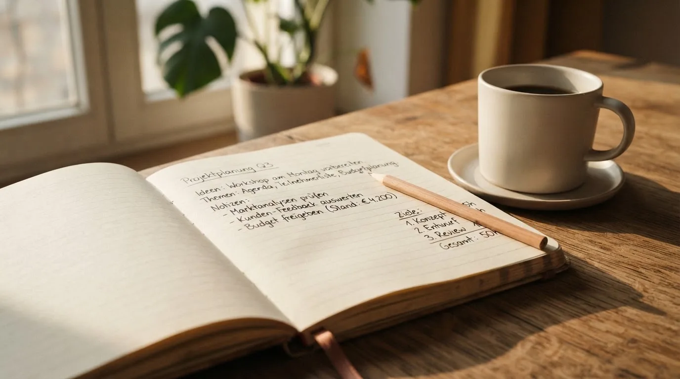 Ein Notizbuch mit handschriftlichen Notizen und einem Bleistift liegt auf einem Tisch, daneben steht eine Kaffeetasse im Morgenlicht.