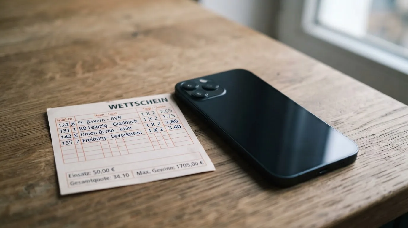 Ein Smartphone liegt mit dunklem Display auf einem Holztisch neben einem leeren Papier-Wettschein, Licht fällt von einem Fenster.