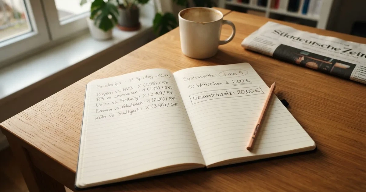 Ein Notizbuch mit handschriftlichen Notizen und einem Bleistift liegt neben einem Taschenrechner auf einem aufgeräumten Schreibtisch.