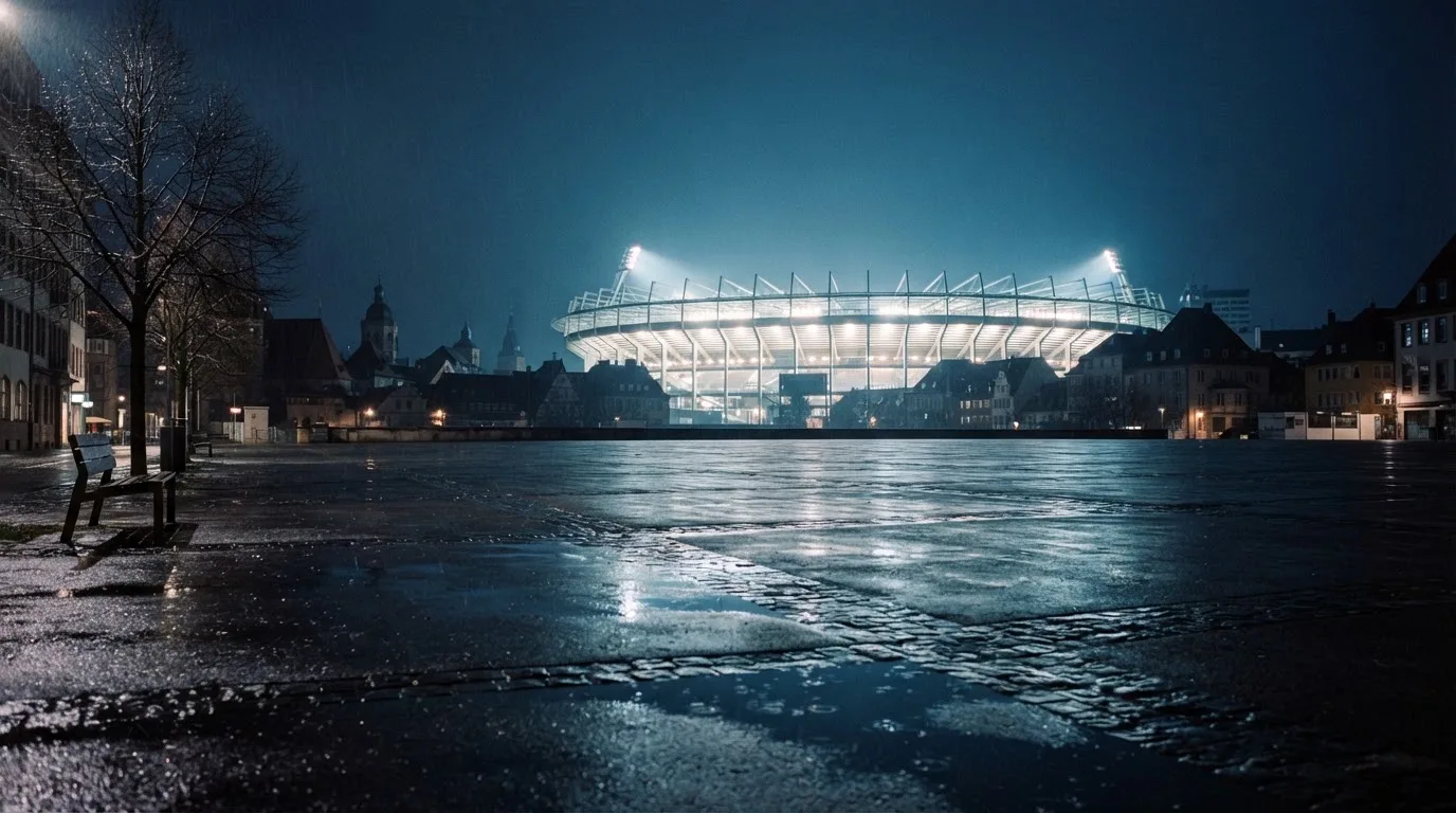 Ein Stadion unter Flutlicht von weitem betrachtet, davor ein stiller Platz bei Dunkelheit und feuchtem Asphalt.