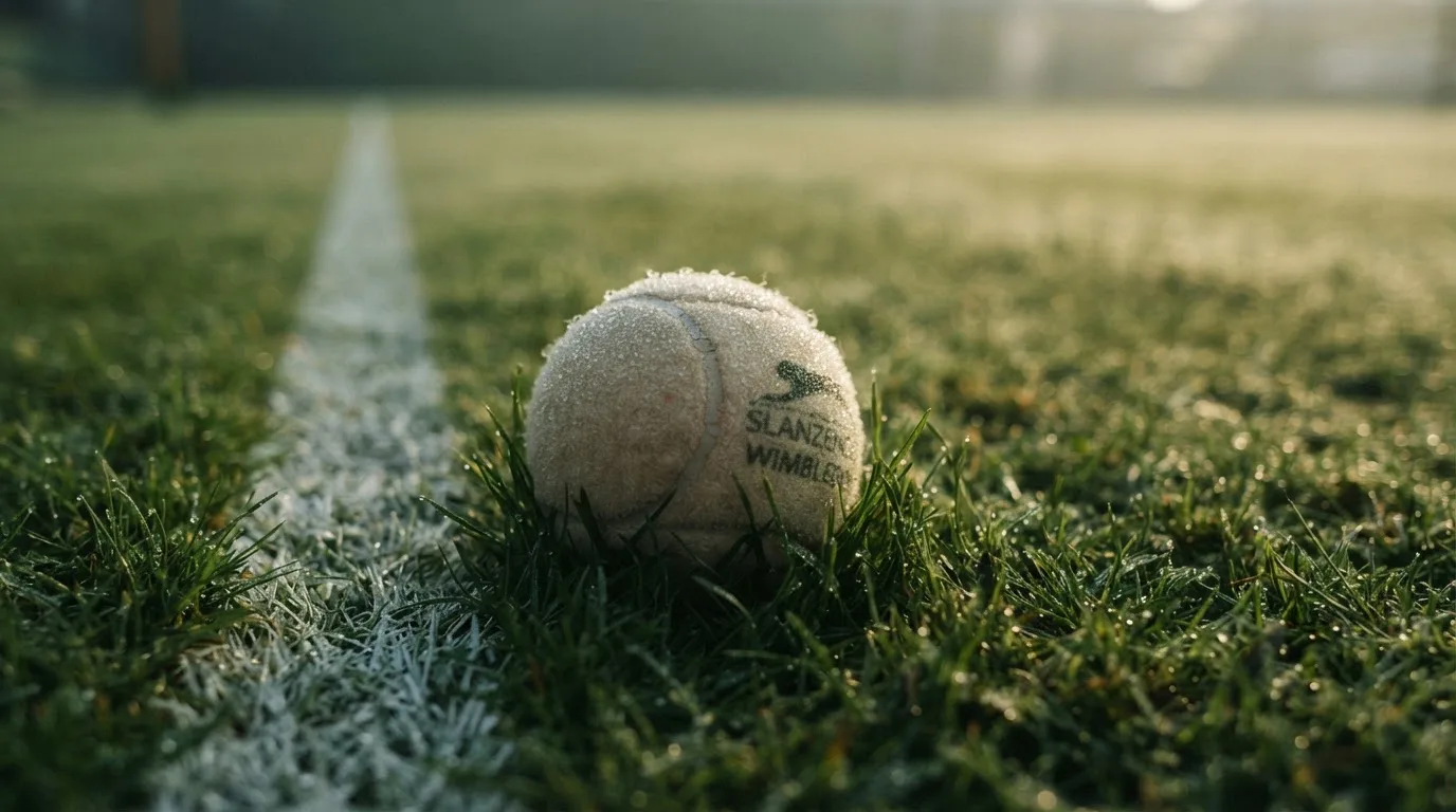 Ein Tennisball liegt auf frisch gemähtem Gras neben einer weißen Linie, Tautropfen glänzen im Gegenlicht.