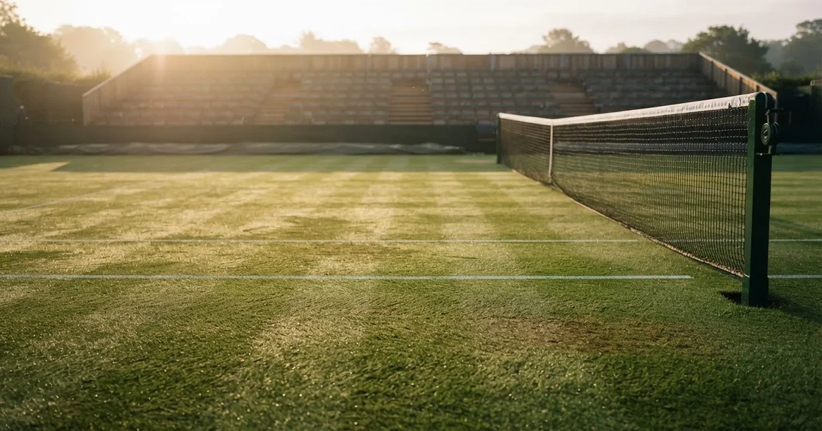 Ein Tennisplatz mit Rasenbelag im Morgenlicht, Netz und weiße Linien, im Hintergrund eine ruhige Tribüne.
