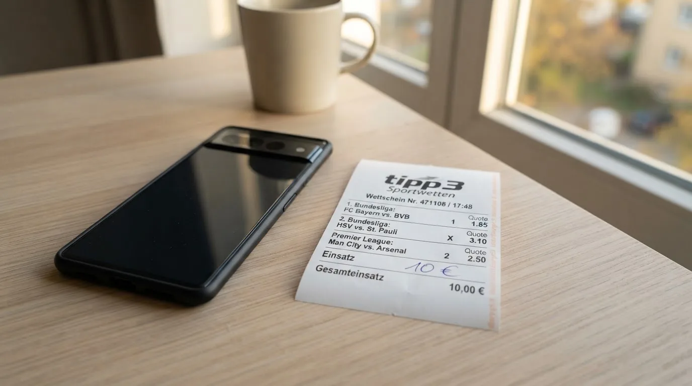 Ein Smartphone mit dunklem Display liegt neben einem leeren Papier-Wettschein auf einem Tisch am Fenster.