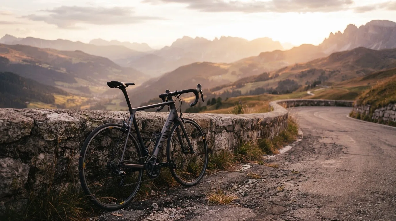 Ein Rennrad lehnt an einer Steinmauer in einer Bergkurve, im Hintergrund eine weite Hügellandschaft im Gegenlicht.