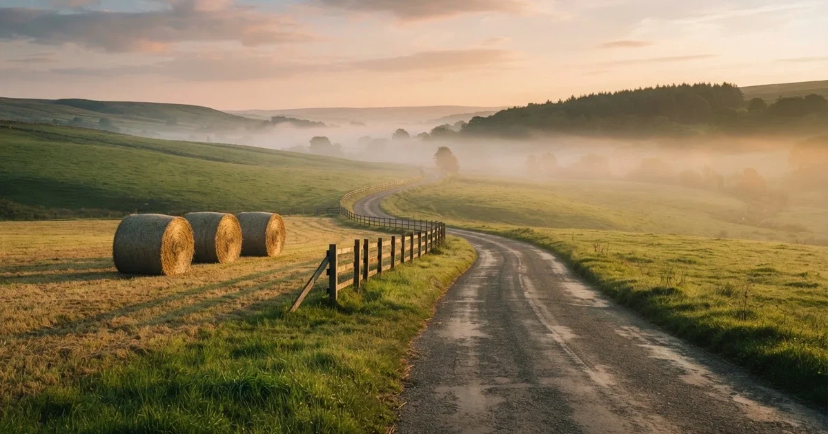 Eine Landstraße schlängelt sich durch Hügel im Morgennebel, am Straßenrand liegen Heuballen auf einem abgemähten Feld.