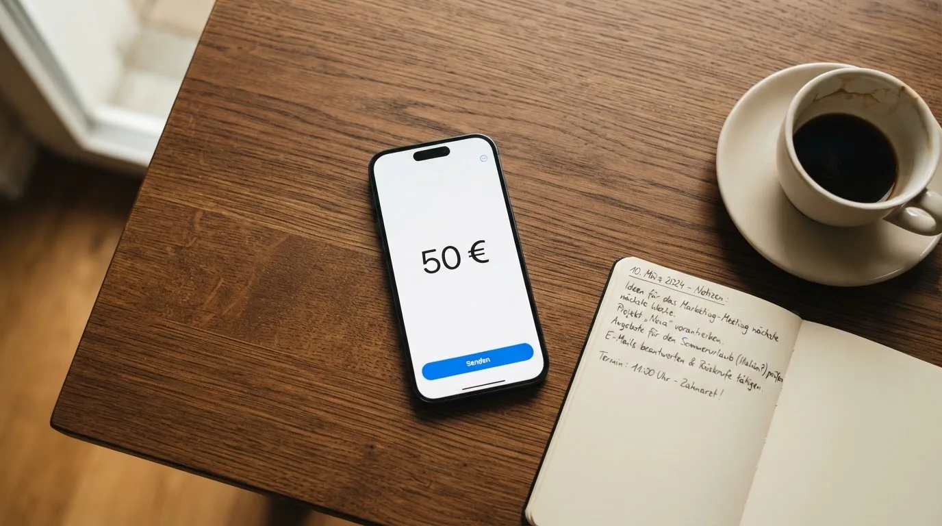 Ein Smartphone liegt auf einem Tisch neben einem Notizbuch mit handschriftlichen Notizen und einer Tasse Kaffee.
