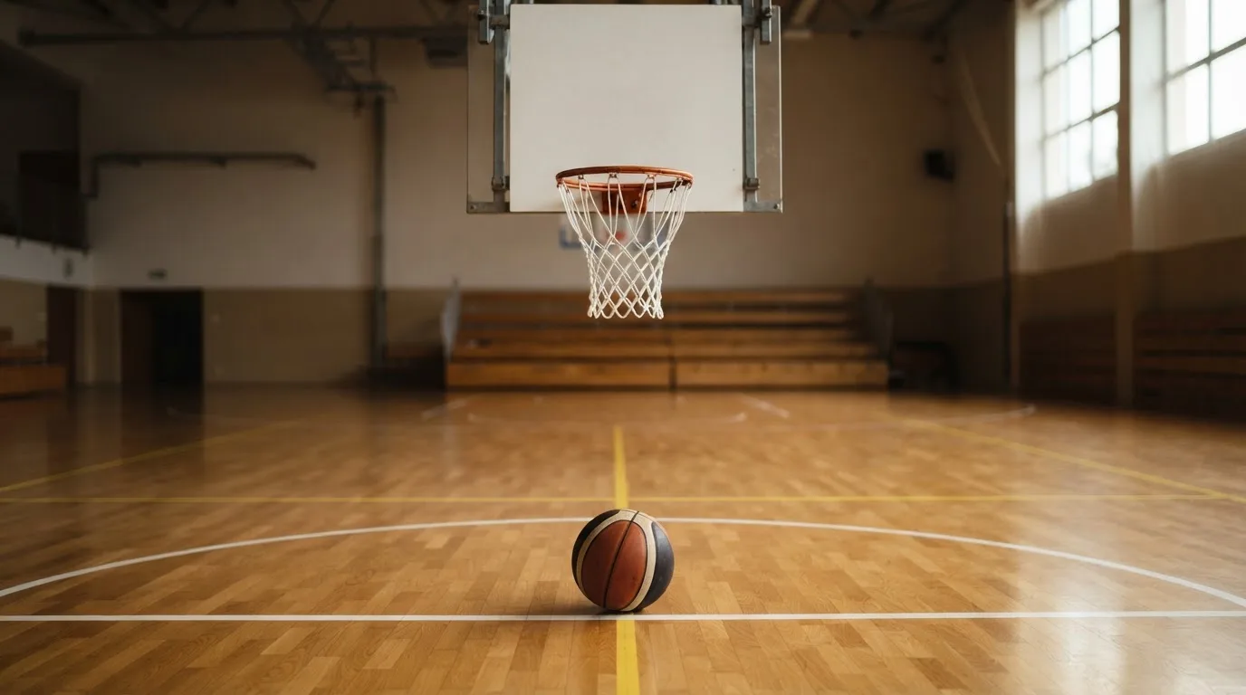 Ein Basketballkorb in einer leeren Halle, der Ball liegt unter dem Brett auf dem Parkett.