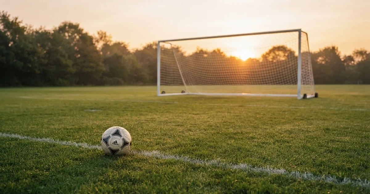 Ein Fußballtor mit Netz im Gegenlicht auf einem leeren Platz am Abend, davor ein Ball auf dem Rasen.