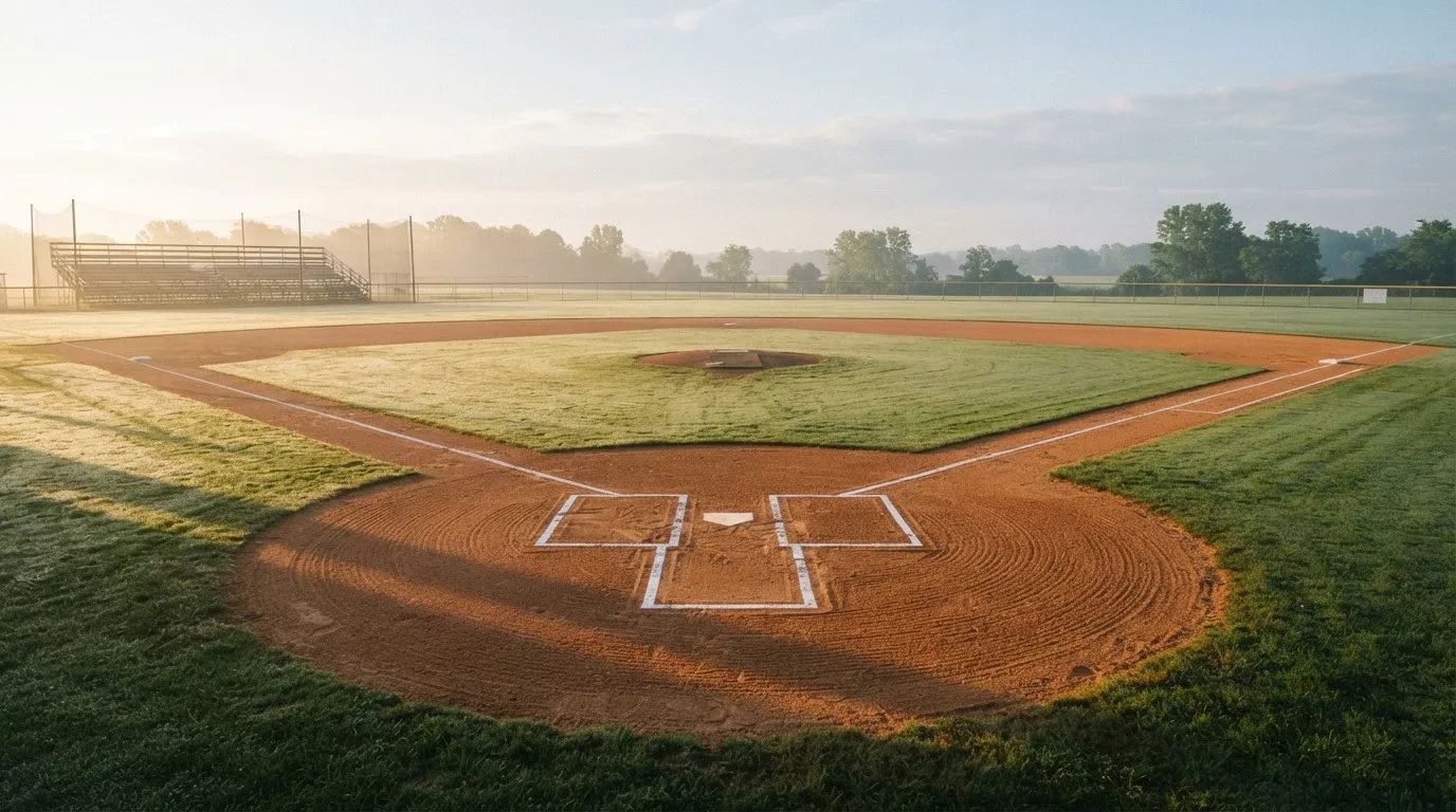 Ein Baseballfeld mit leerem Infield im Morgenlicht, die Linien frisch gezogen, keine Spieler im Bild.