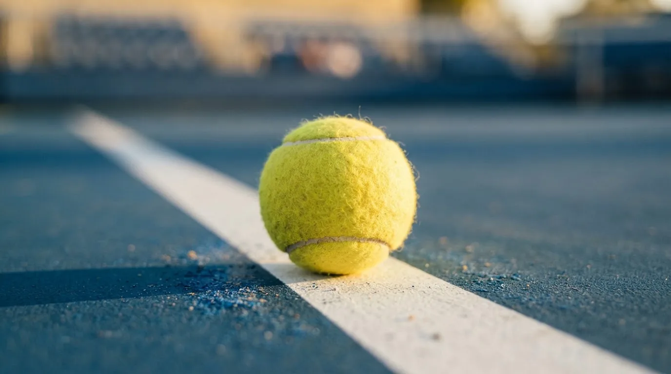 Ein Tennisball liegt in Nahaufnahme auf einer Grundlinie, dahinter verschwimmt ein leerer Platz in warmem Licht.