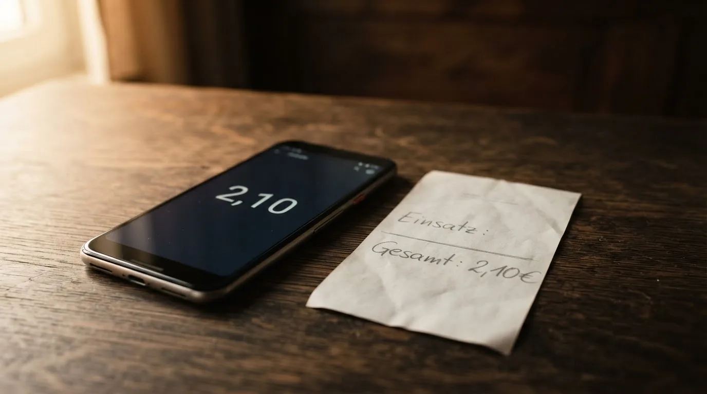 Ein Smartphone mit dunklem Display liegt neben einem leeren Papier-Wettschein auf einem Tisch, Licht fällt von der Seite.