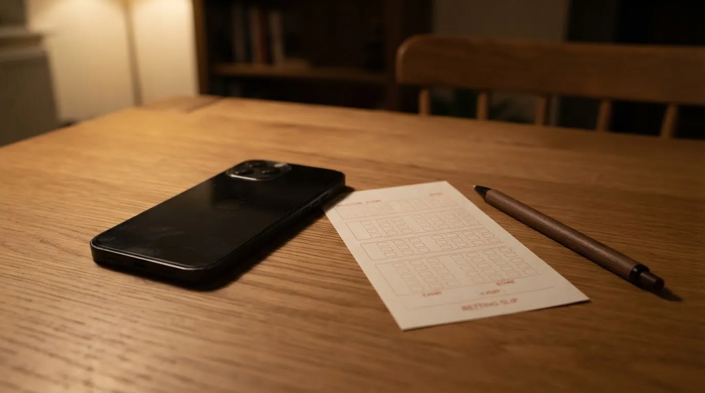 Ein Smartphone liegt mit dunklem Display neben einem leeren Papier-Wettschein und einem Stift auf einem Holztisch.