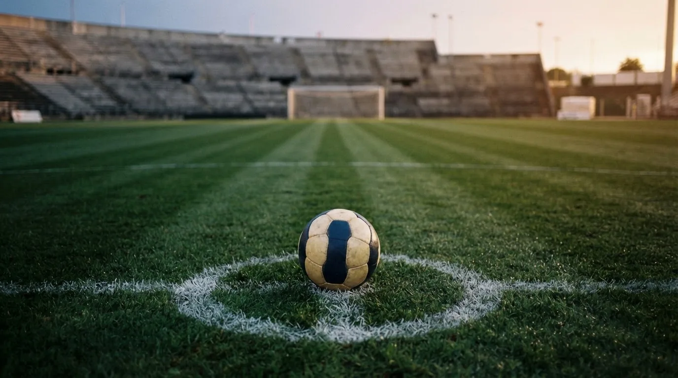 Ein Fußball liegt auf dem Anstoßpunkt eines Rasenplatzes, dahinter eine leere Tribüne im Abendlicht.