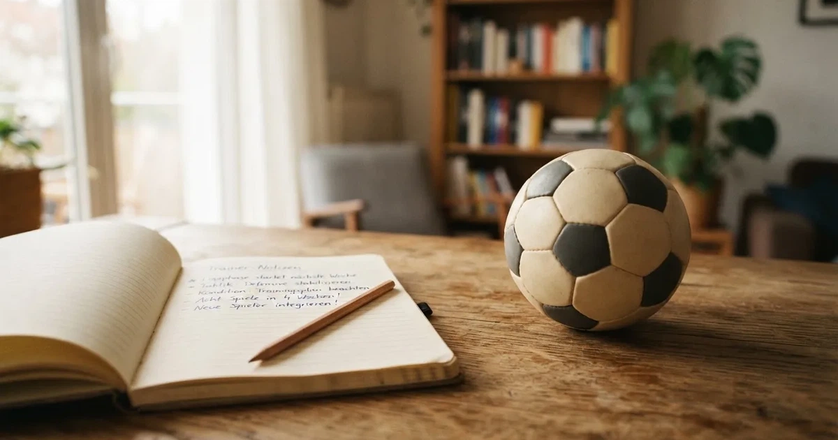 Ein Notizbuch mit handschriftlichen Notizen und einem Bleistift liegt auf einem Holztisch, daneben ein kleiner Fußball im Tageslicht.
