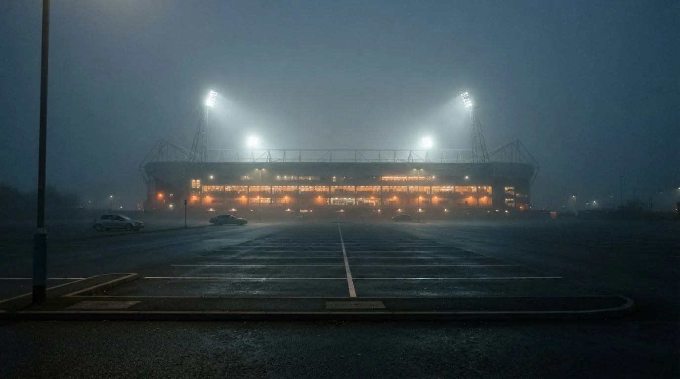 Ein Stadion unter Flutlicht aus der Ferne gesehen, davor ein stiller Parkplatz bei Nebel.