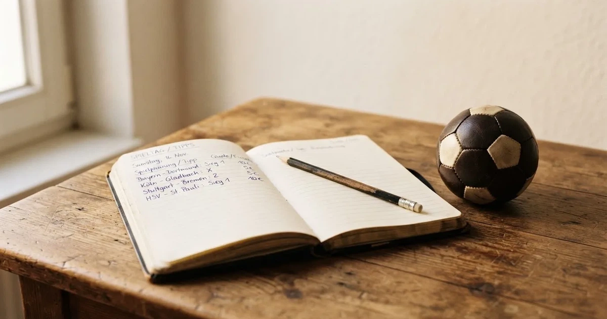 Ein Notizbuch mit handschriftlichen Notizen und einem Bleistift liegt auf einem Holztisch, daneben ein kleiner Fußball im Tageslicht.