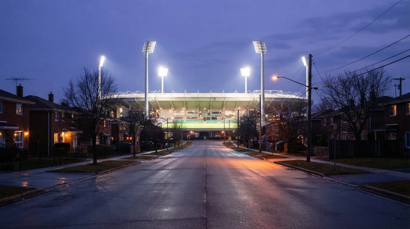 Ein Stadion unter Flutlicht aus großer Entfernung, davor eine leere Straße in der Abenddämmerung.