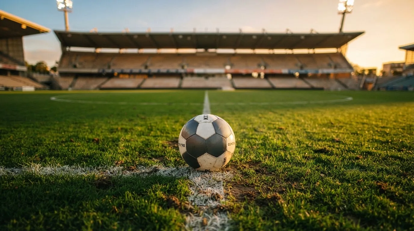 Ein Fußball liegt auf dem Anstoßpunkt eines Rasenplatzes, dahinter eine leere Tribüne im Abendlicht.