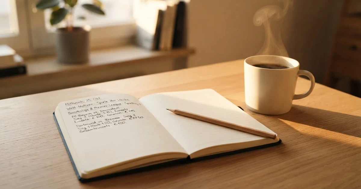 Eine Kaffeetasse, ein Notizbuch mit handschriftlichen Notizen und ein Bleistift auf einem hellen Schreibtisch am Morgen.