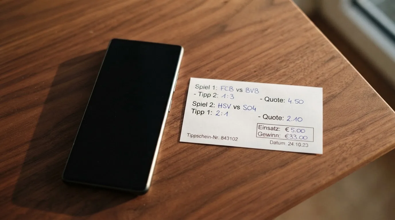 Ein Smartphone mit dunklem Display liegt neben einem leeren Papier-Wettschein auf einem Holztisch, Licht fällt von der Seite.