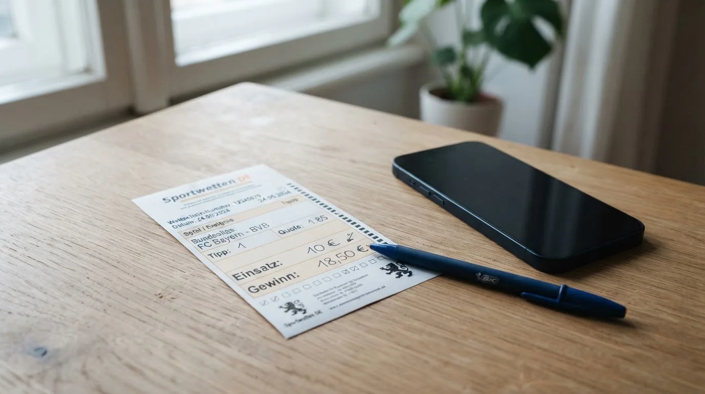 Ein leerer Papier-Wettschein und ein Kugelschreiber liegen neben einem Smartphone mit dunklem Display auf einem Schreibtisch am Fenster.