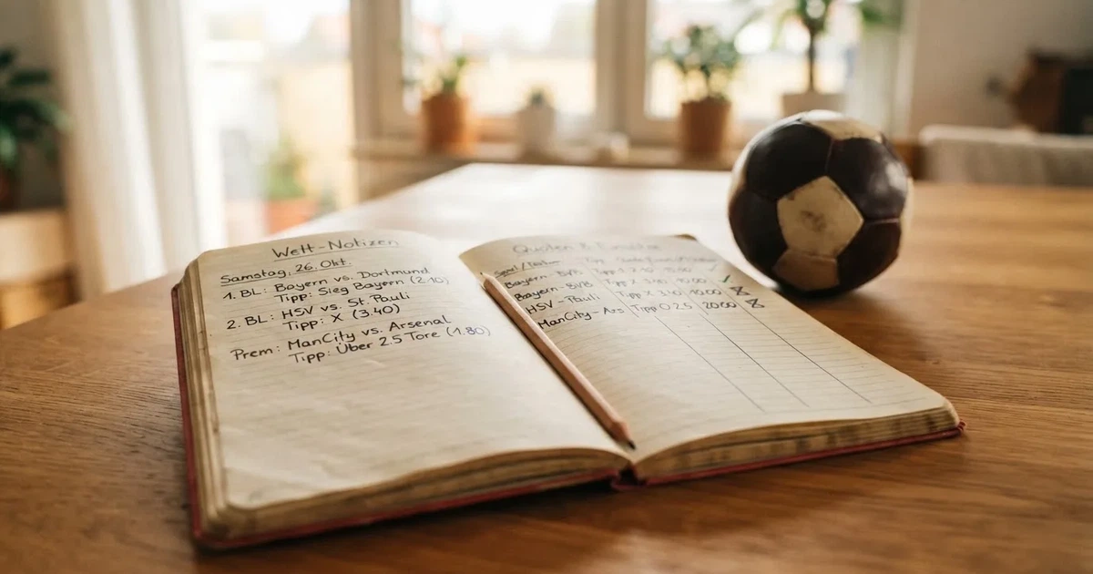 Ein Notizbuch mit handschriftlichen Notizen und einem Bleistift liegt auf einem Holztisch, daneben ein kleiner Fußball im Tageslicht.