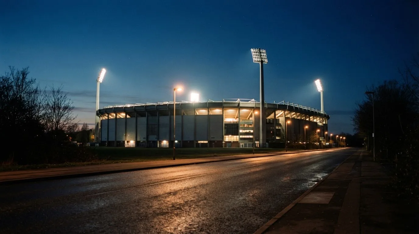 Ein Stadion unter Flutlicht aus großer Entfernung, davor eine leere Straße in der Abenddämmerung.